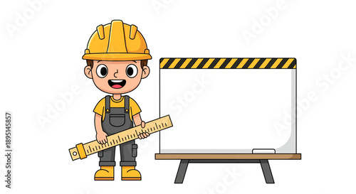 Happy Cartoon Construction Worker Wearing Hard Hat Holding Ruler Standing Next to Whiteboard.