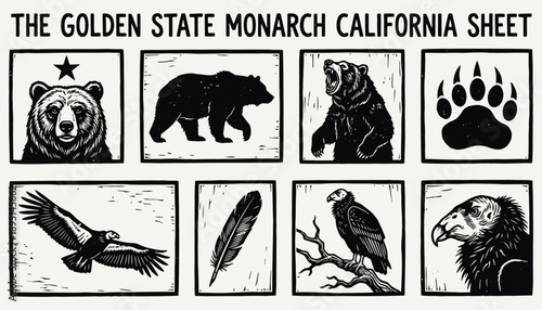 California Wildlife Illustration Sheet - Bear and Condor Woodcut Collection