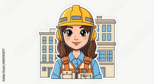 Female Construction Worker Wearing Hard Hat and Safety Vest.