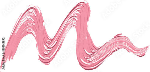 Pink brushstroke in flowing “M” shape with textured bristle marks, expressive paint stroke, vector illustration