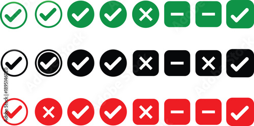 Minimalist green, black, red icons for UI design, check mark, cross, minus symbol, circular and square status indicators