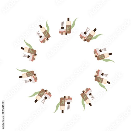 Round frame of cosmetic products for SPA. Cosmetics made from natural ingredients A jars of cream or other cosmetic products. Vector illustration for cosmetology, body and face care.