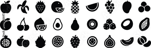 Silhouette of various fruits in black on white background
