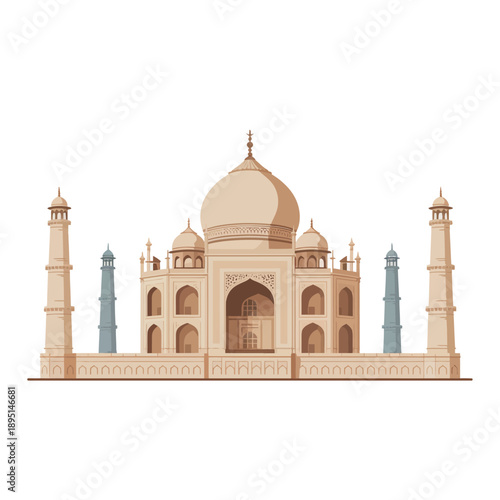 The Taj Mahal, a stunning white marble mausoleum in India, stands majestically against a clear blue sky.