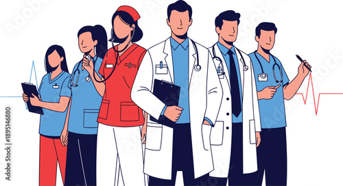 Group of diverse healthcare professionals in scrubs and lab coats with medical tools and heart rate graphics on white background
