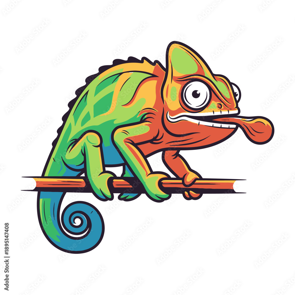Obraz premium Colorful Cartoon Chameleon on Branch.