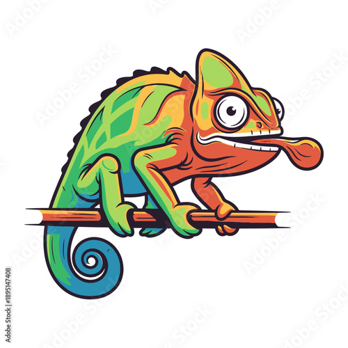 Colorful Cartoon Chameleon on Branch.