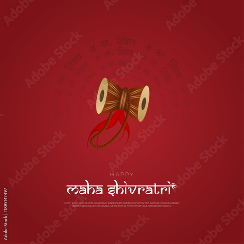 Happy Maha Shivratri Damaru Poster on Red Spiritual Background, vector illustration.