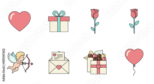 Valentine's Day Icons: Heart, Cupid, Rose, Gift Box, Love Letter, Balloon