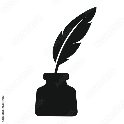 A black and white vector graphic of a quill pen in an inkwell