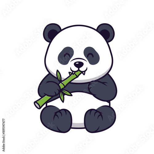 Cartoon Panda Eating Bamboo Stick.