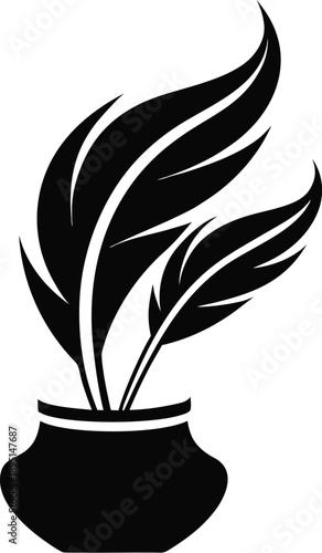 A black and white vector graphic of a quill pen in an inkwell