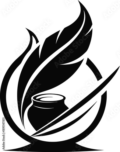 A black and white vector graphic of a quill pen in an inkwell