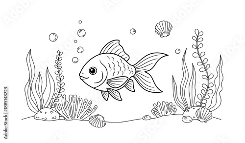 Hand-Drawn Baby Goldfish Aquarium Sketch Vector for Kids Coloring