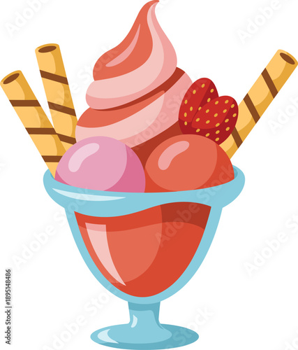 Colorful ice cream sundae illustration, strawberry dessert with wafers, sweet frozen treat concept, summer food, isolated vector artwork, design, graphic