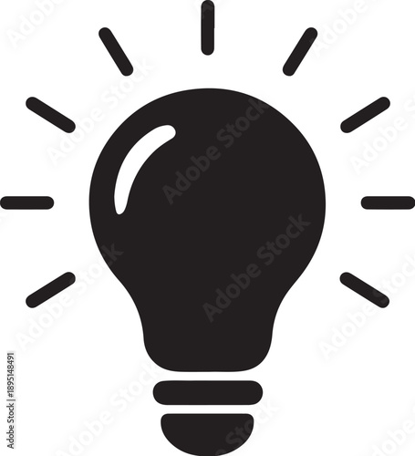 A simple black and white line drawing of a lightbulb with radiating light lines around it