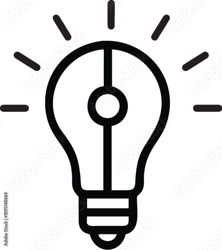 A simple black and white line drawing of a lightbulb with radiating light lines around it
