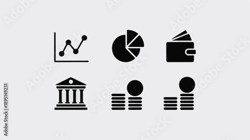 Black silhouette icons for finance and business on a light gray background