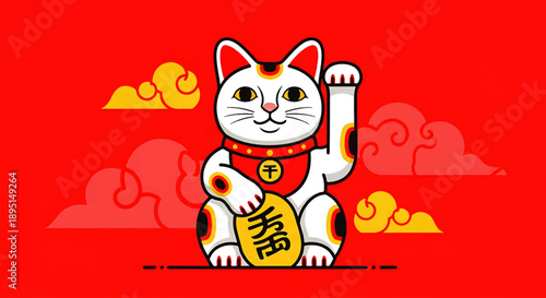 Happy Chinese Day and Happy Lunar Day Celebration with Maneki Neko Cat beckoning for fortune amid vibrant red background