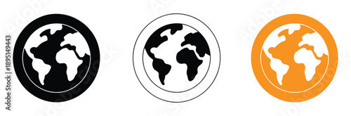 Earth Globe Icon Set - World Planet and Web Internet Symbol in Circle,Earth icon set. Earth Globe Silhouette. Flat Vector Illustration. Simple Design.