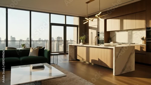 Luxurious Modern Apartment Living Room and Kitchen With Panoramic City Views During Golden Hour