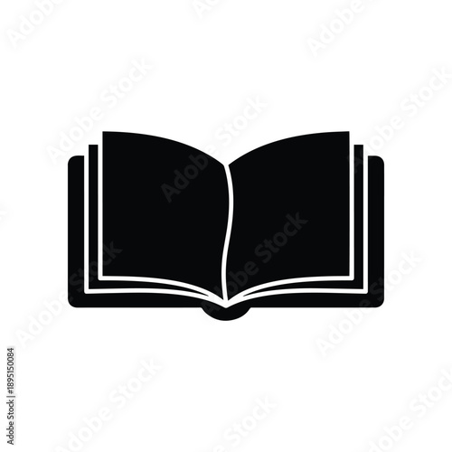 A stark black and white silhouette illustration of an open book with its pages fanned out, symbolizing knowledge and learning