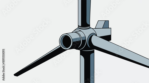 Close up of a three bladed wind turbine rotor and hub on a light grey background blades propeller