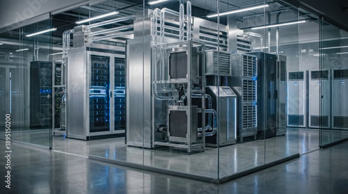 Modern data center with advanced liquid cooling systems and server racks