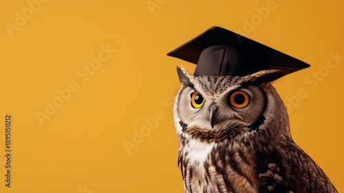 Wise owl wearing graduation cap perched proudly, palette of warm sepia, golden yellow, and deep brown, scholarly artwork, AI generated
