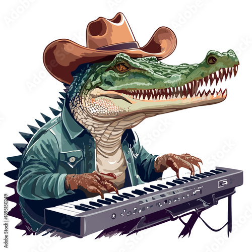alligator wearing cowboy hat playing the keyboard, graphic aesthetic illustration