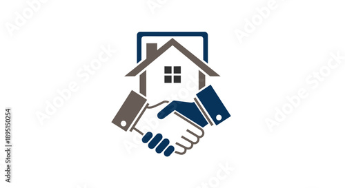 Real estate deal handshake with house icon and tablet.