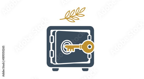 Safe with key and olive branch symbolizing security and peace.