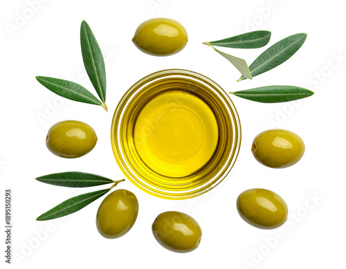 Bowl of golden olive oil surrounded by fresh green olives and leaves healthy Mediterranean food flat lay