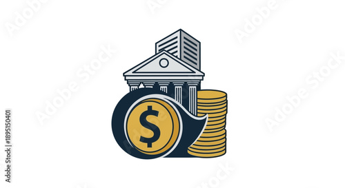 Financial Institution Building with Stack of Coins and Dollar Sign.