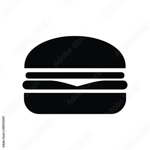 A simple, bold black and white icon representing a classic hamburger with a cheese slice, perfect for food-related designs and branding