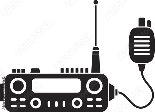 Two way radio communication illustration, walkie talkie base station device, microphone antenna setup, emergency broadcast equipment, isolated vector graphic, icon