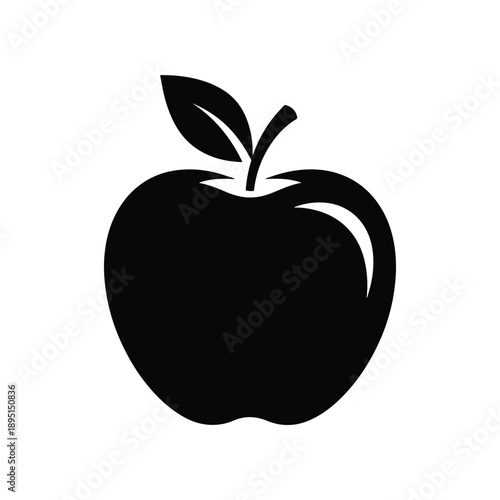 Simple black silhouette of a crisp, fresh apple with a leaf and stem, representing healthy eating, natural goodness, and vibrant fruit for a nutritious lifestyle