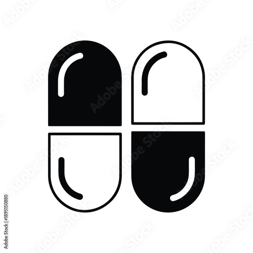 Simple Black and White Icon of Two Pill Capsules, One Filled Black and the Other Empty White