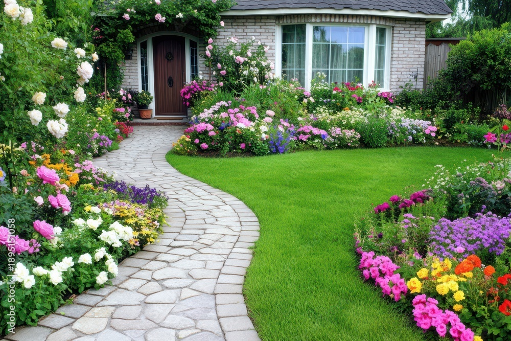Obraz premium Garden Path: An inviting stone path leads to a charming house, surrounded by a vibrant display of colorful flowers and lush greenery, creating a welcoming and idyllic scene.