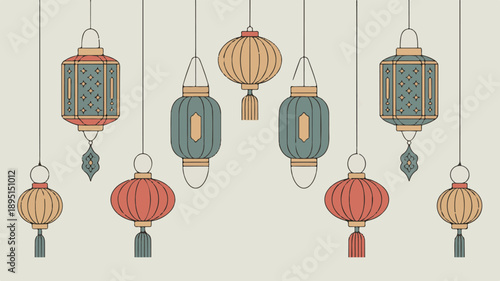 Colorful hanging lanterns with intricate patterns in a decorative arrangement vector illustration