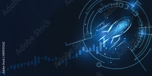 Digital rocket launch with glowing tech elements and rising candlestick chart, symbolizing innovation, startup success, and bullish market trends.