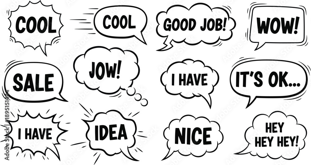 Fototapeta premium Collection of black and white comic speech bubbles with various phrases