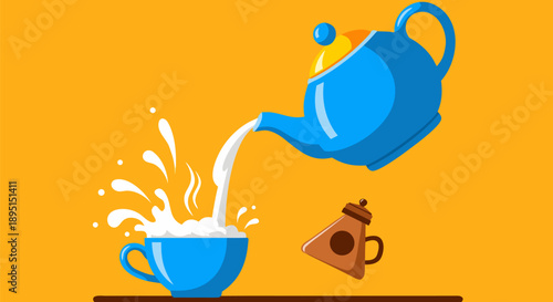Vibrant vector illustration showcasing a blue teapot pouring milk into a cup with a lively splash, creating an inviting scene for hot drinks and kitchen visuals