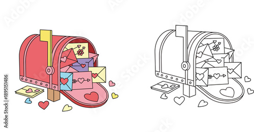 Cute mailbox full of love letters and hearts coloring page vector. Valentine's Day postbox illustration for kids activity and holiday design.
