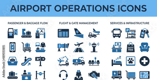  Airport icon collection. Containing plane, boarding pass, traveler, duty free, information desk, customs, detector, immigration and pilot icons. Airport icon element solid design. 
