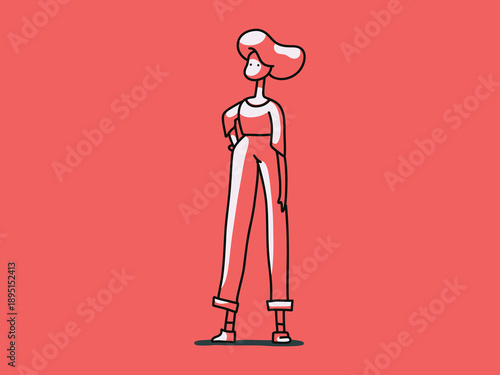 A clean, modern illustration of a woman with short hair, standing confidently with one hand on her hip, against a plain red background