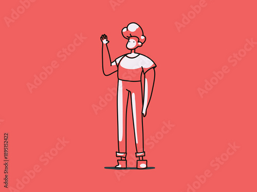 Minimalist line art depiction of a stylish person with a wavy hairstyle, standing and extending a welcoming wave, conveying a cheerful and approachable concept