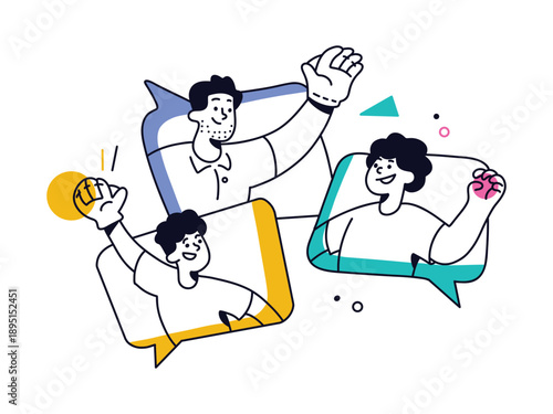 Diverse people engaging in lively online communication, networking, and group interaction through vibrant speech bubbles, symbolizing digital connection and collaboration