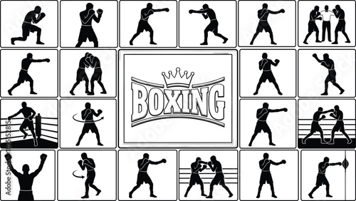 Boxing silhouette icons collection showing punches, defense, training, and ring fighting poses, professional boxing sport actions, fitness workout, combat practice, and championship concept designs