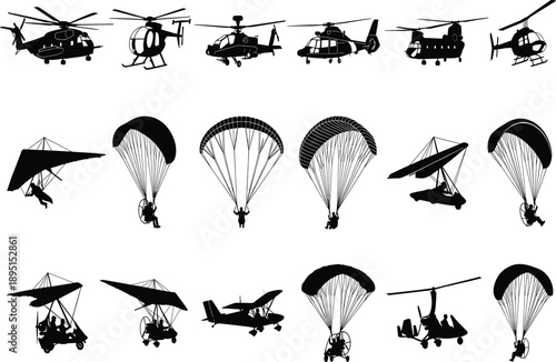 Aviation and air sports silhouette collection featuring helicopters, paragliding, paramotoring, hang gliding, ultralight aircraft and sky adventure activities, isolated black flying transport icons